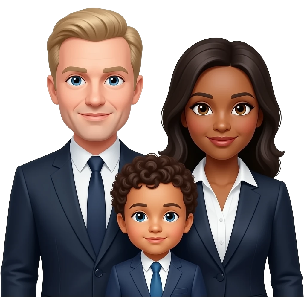 Family of 3 in formal attire , blond older dad , black  younger mom and mix baby boy with curly hair emoji