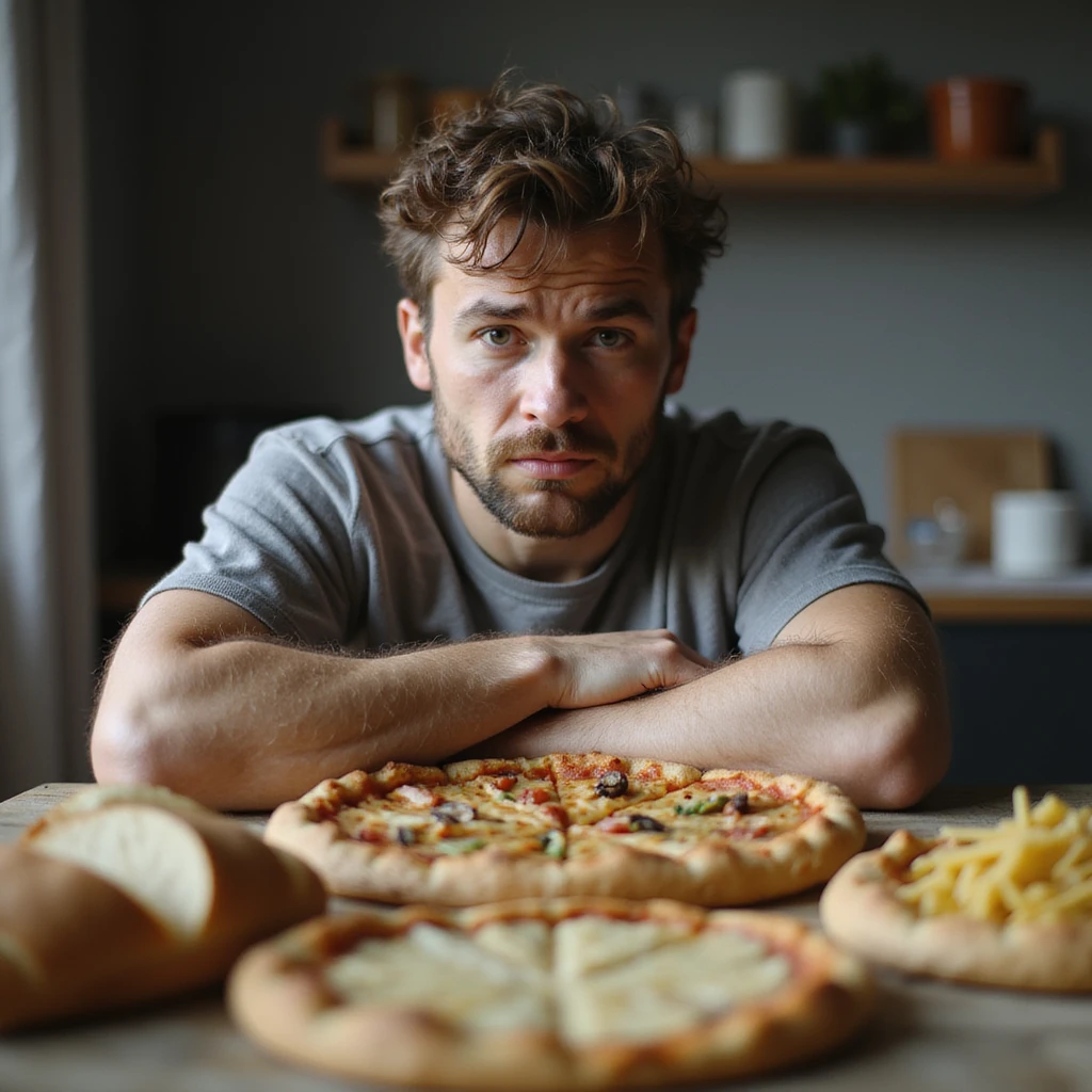 realistic 28-year-old man looking at a table full of gluten-containing foods (bread, pizza, pasta) with a sad or confused expression, domestic environment emoji