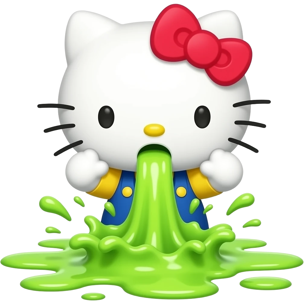 A hello kitty is vomiting neon green through her mouth, spewing it out onto the floor at her feet niagara emoji