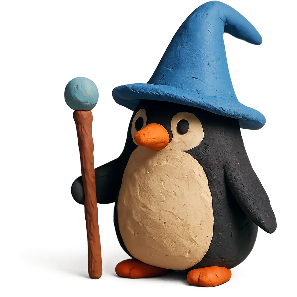 penguin wizard with a pointy hat and staff emoji