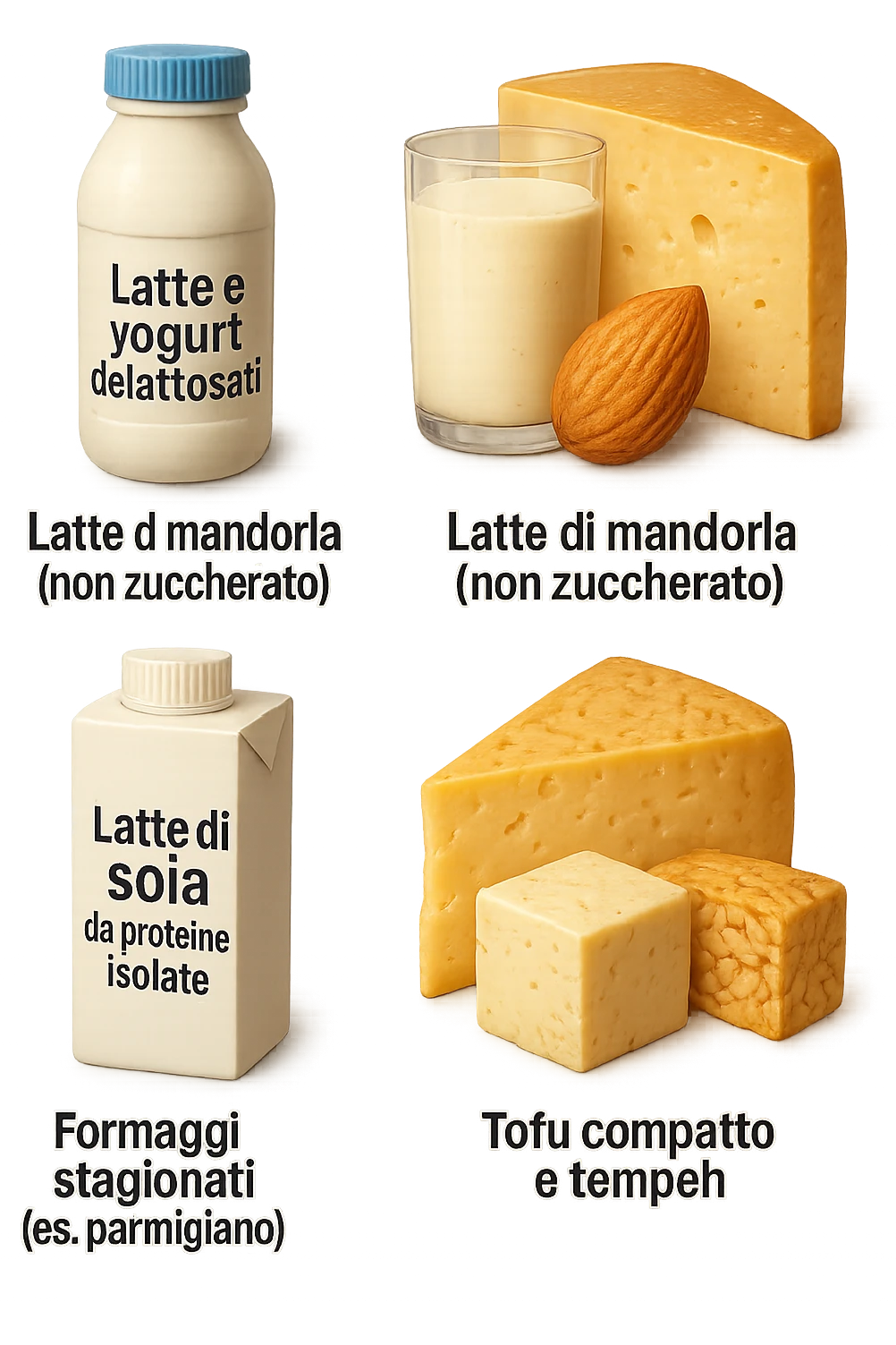 emoji stile iphone 3d di questi elementi che fluttuano in aria:

Latte e yogurt delattosati
Latte di mandorla (non zuccherato)
Latte di soia da proteine isolate
Formaggi stagionati (es. parmigiano)
Tofu compatto e tempeh
 che fluttuano in aria,  le etichette scrivile in italiano, iperealistico 4k emoji