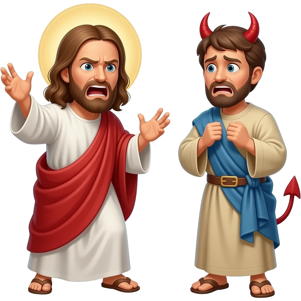 Jesus angry yelling at an intimidated demon that is oppressing a distressed man wearing biblical attire to leave him alone emoji