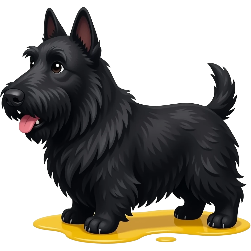 Extra fluffy Black Scottie dog smiling in profile full body. Very small yellow puddle beneath rear paws only emoji