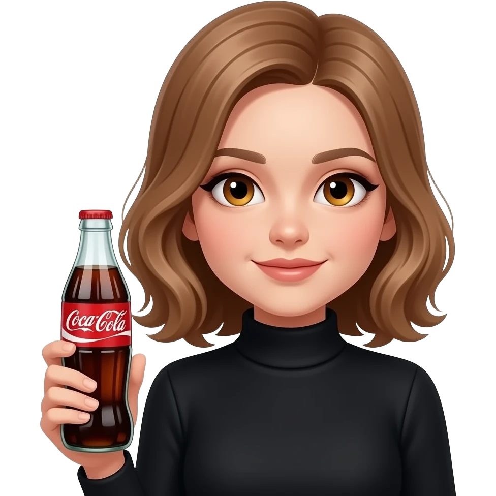 girl, light brown hair, amber eyes, dark eye makeup, wearing black turtle neck, drinking a DIET COKE emoji