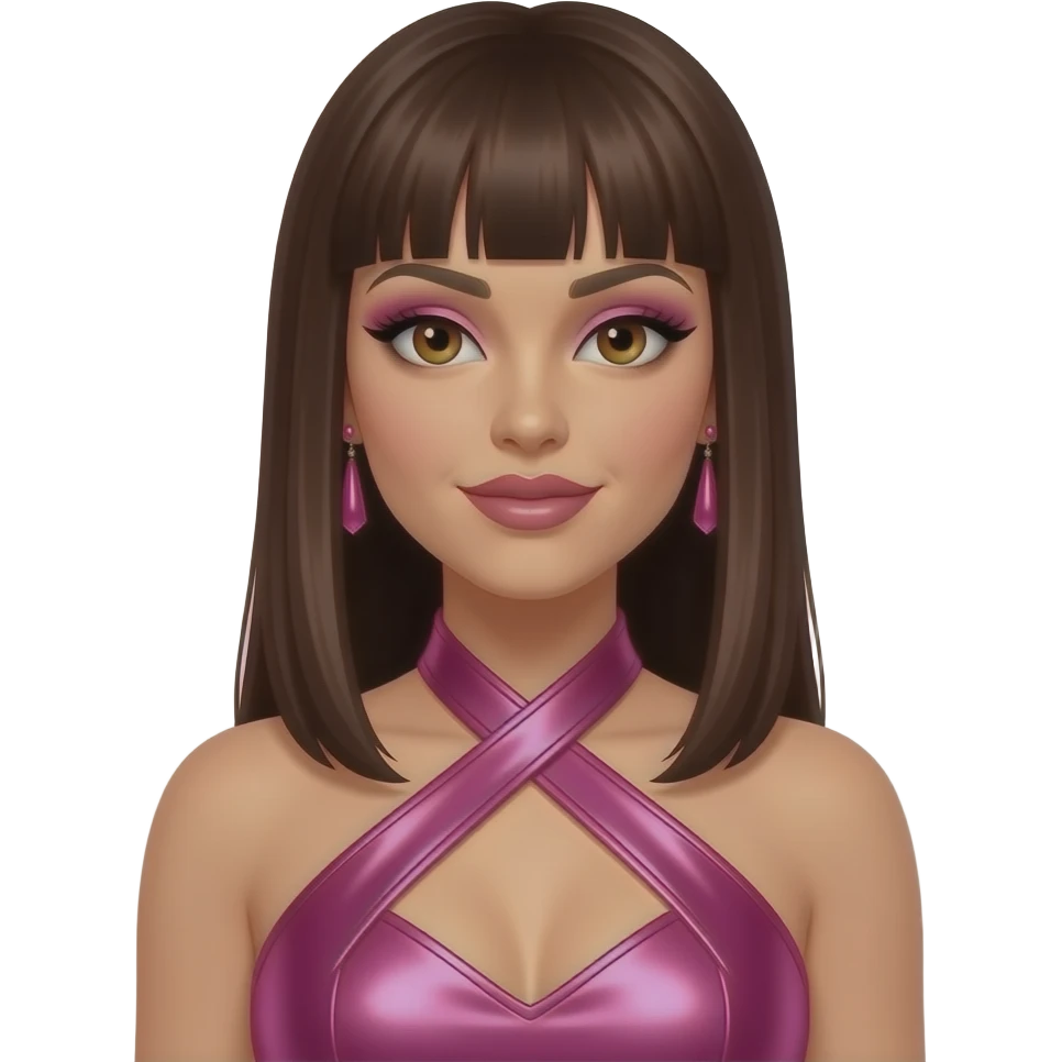 Jessica Sutta from The Pussycat Dolls with hazel eyes, long dark brunette straight bang hair, pink eyeshadow and lipstick, hot pink metallic halter dress, earrings emoji