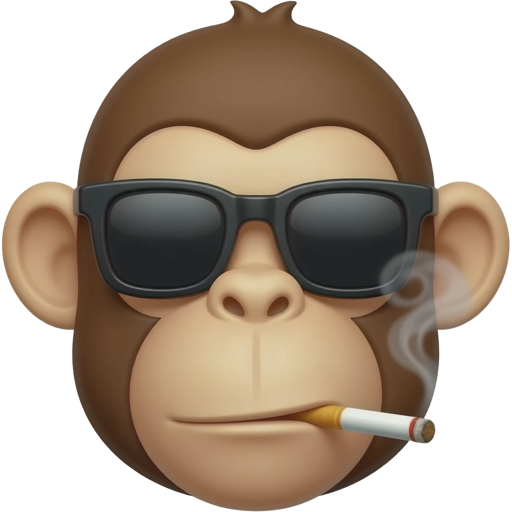 a monkey head which have thick eyebrow, wearing a sunglasses which was in square shape, can see the big ear, nosehole, and big chin/mouth, in the monkey mouth was having a cigarette which have smoke come out emoji