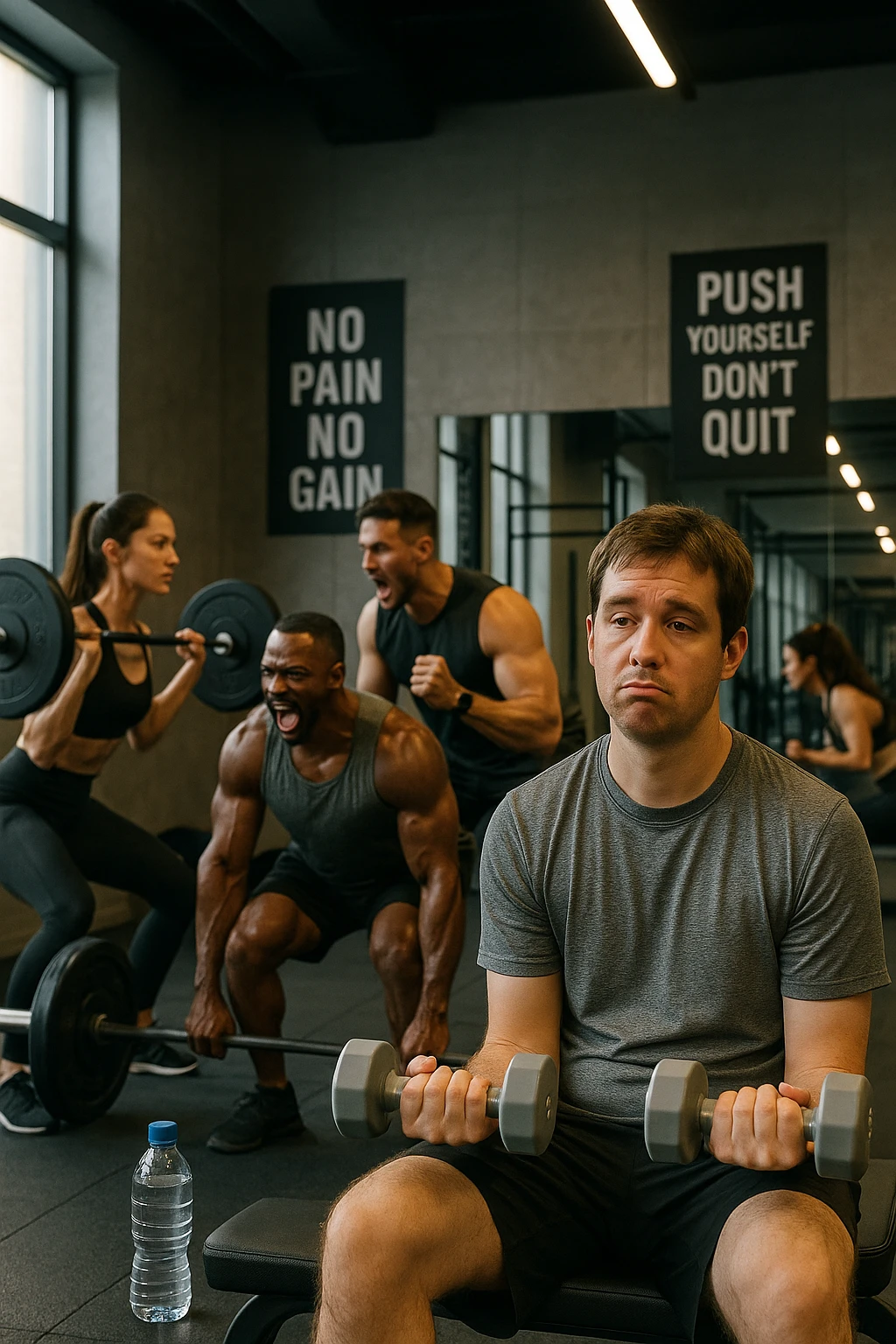 Modern gym scene with a man in sporty clothing lifting light dumbbells with a bored expression. Other athletes training intensely, trainer encouraging. Full water bottle near the man, motivational posters ignored. Mirrors reflecting the contrast between him and others. Artificial lighting, clean environment, vertical format. emoji