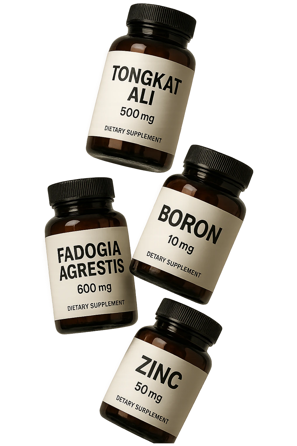 4 boccette di integratore: Tongkat Ali, Fadogia Agrestis, Boron e Zinco fluttuano in aria verticalmente emoji