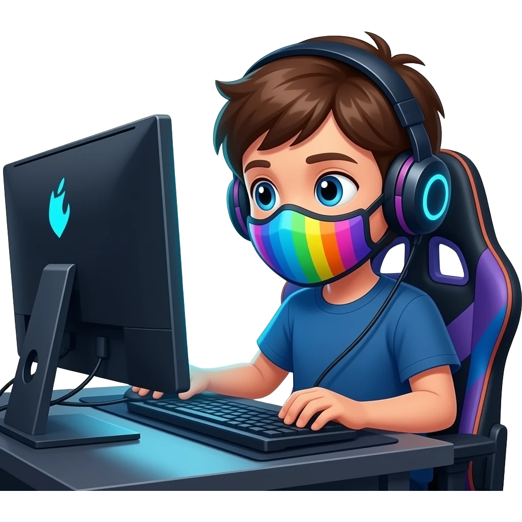 Kid gaming on pc  mask on whole face emoji