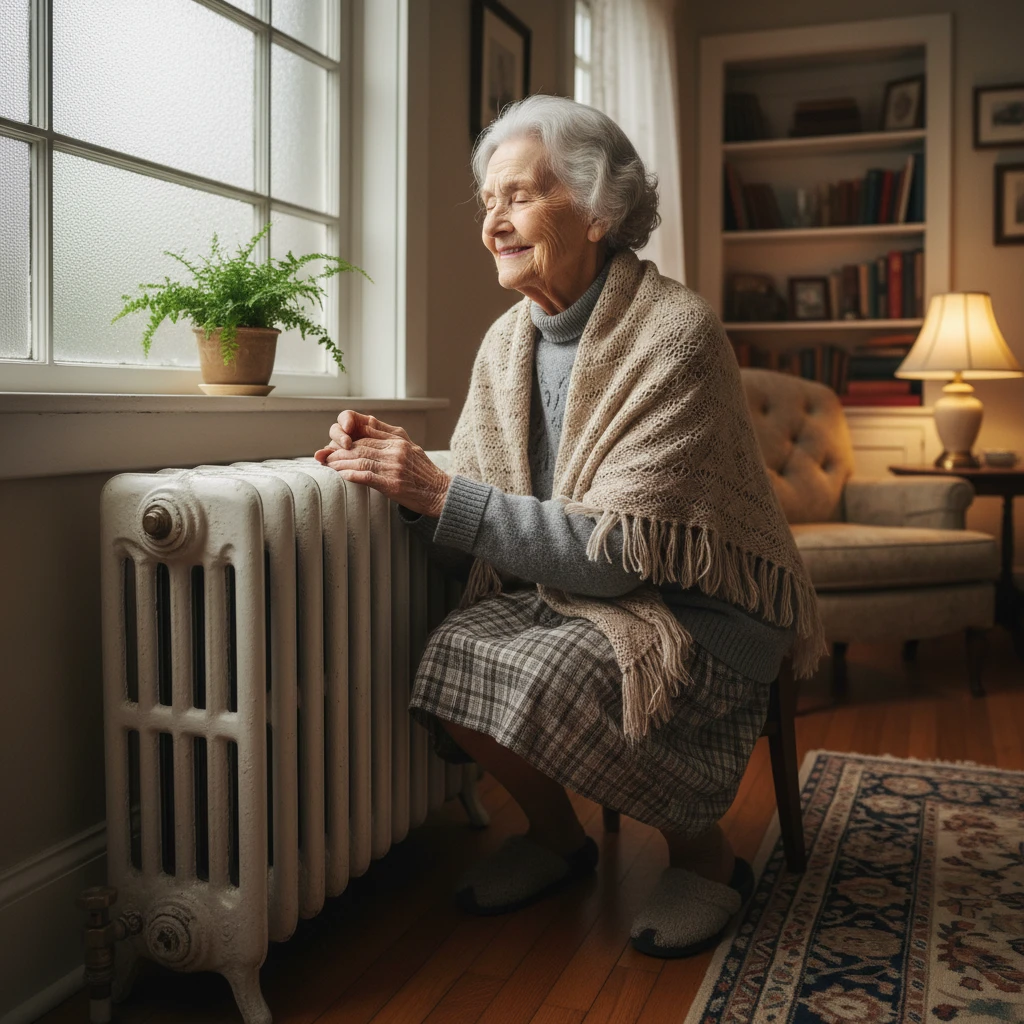 Grandma warms his hands by the heating radiator  emoji