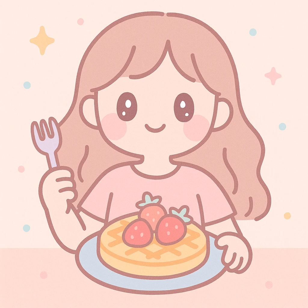 mujer disfrutando wafles con frutilla, estilo soft girl, colores pastel, ambiente suave y acogedor emoji