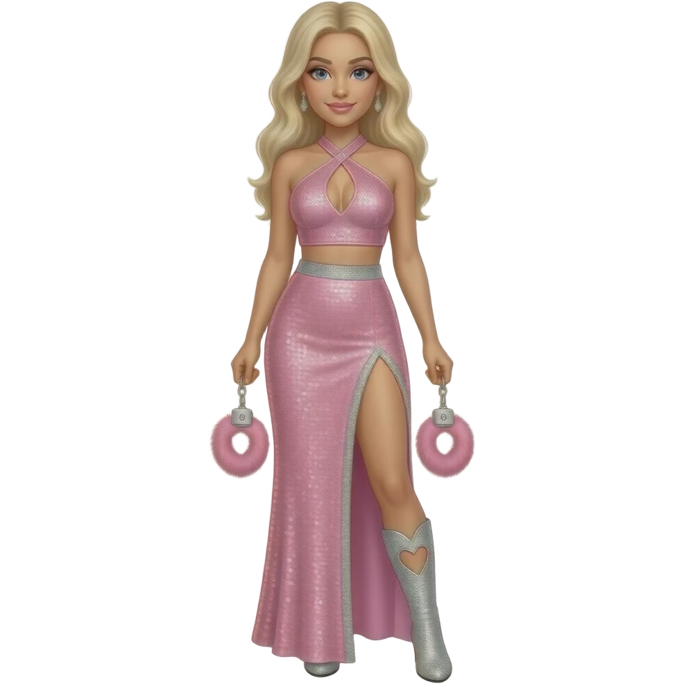 Sabrina Carpenter platinum blonde hair wears a baby pink sequined two-piece set featuring a halter-style crop top with a pointed hem and a matching floor length skirt . edged in silver glitter trim. Silvery glittery rhinestone boots with heart cut out at side. Holding pink furry handcuffs emoji