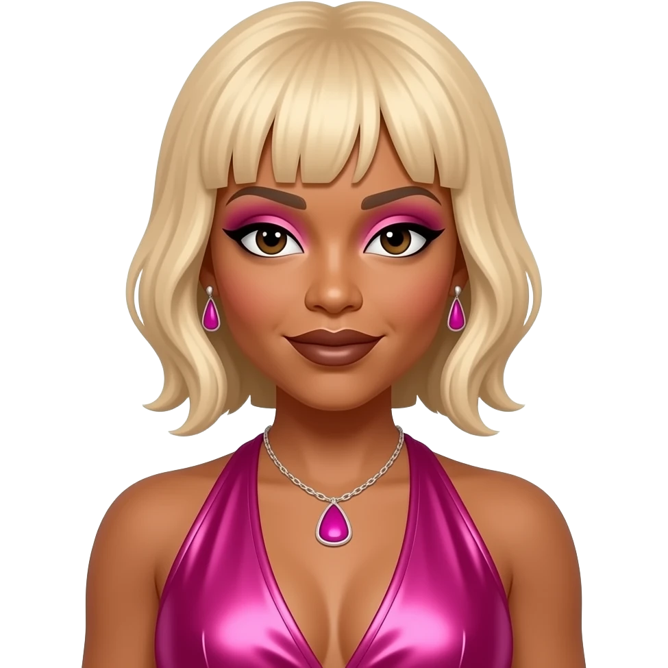 Tionne T-Boz Watkins from TLC with half long, half short blonde hair, pink eyeshadow, dark brown lipstick, hot pink metallic halter dress, pink necklace and earrings emoji