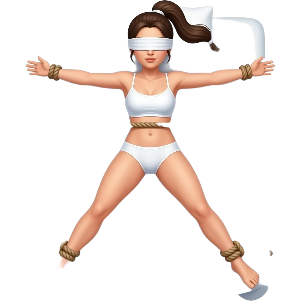 woman in blinfold with white underwear with ponytail on bed with arms tied and legs apart shibari emoji