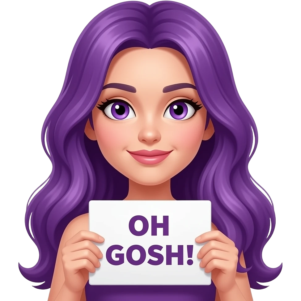sexy girl with long purple hair and purple eyes holding a OH GOSH! sign emoji