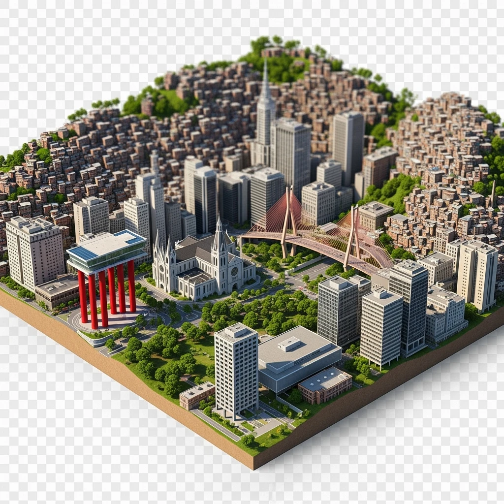 Isometric miniature of São Paulo Catedral da Sé, MASP on red pillars, Octávio Frias Bridge, and Altino Arantes building, favelas on hillsides, dense chaotic urban blocks, and green parks 3D miniature effect and Tilt Shift effect, no cartoonish look, transparent background. emoji