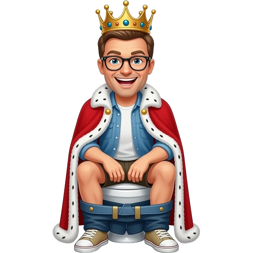 A 40 year-old Caucasian man with light brown hair and wearing fashionable glasses has a crown on his head and sits on a toilet as if he’s sitting on his throne a man wears casual clothes and his half grimacing and half laughing or smiling emoji