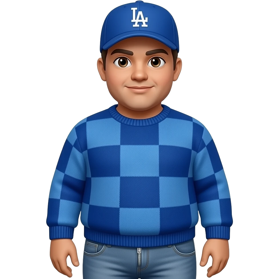 Slightly chubby with light carmel skin tone wearing a blue Los Angeles Dodgers logo baseball cap wearing a blue long sleeve sweater with big square patterns on it wearing grey jeans with side pant leg zipper pockets emoji