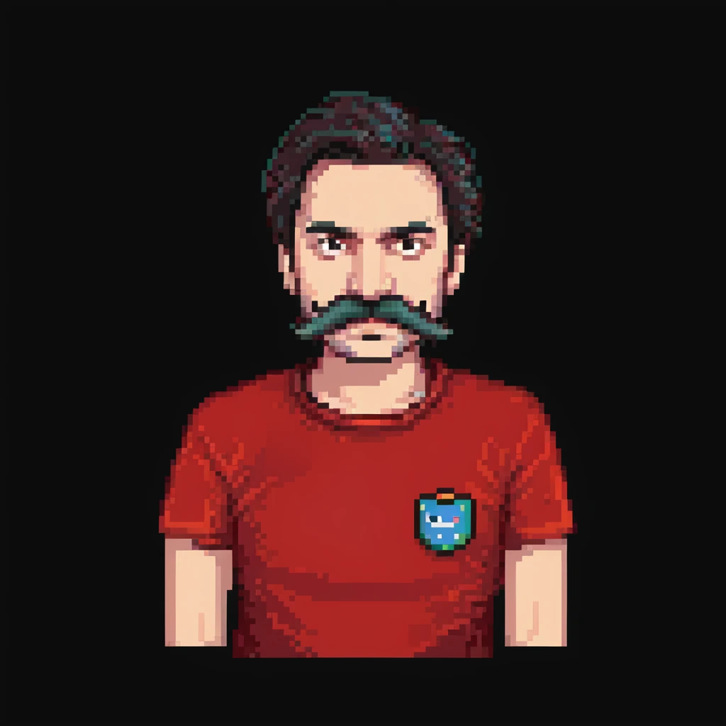 Recep İvedik character, Turkish comedy icon, recognizable mustache, bushy eyebrows, red t-shirt, expressive face, simple pixelated background, pixel art style emoji