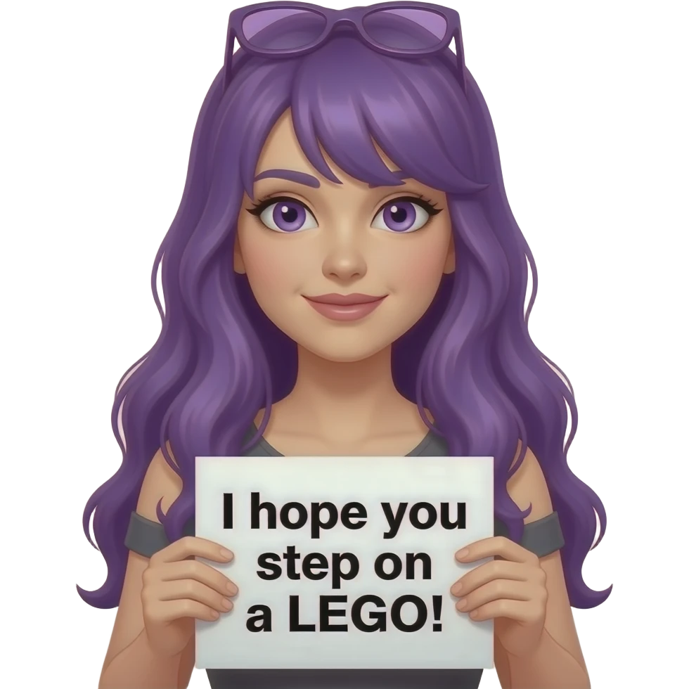 sexy girl with long purple hair and purple eyes holding a I hope you step on a LEGO! sign emoji