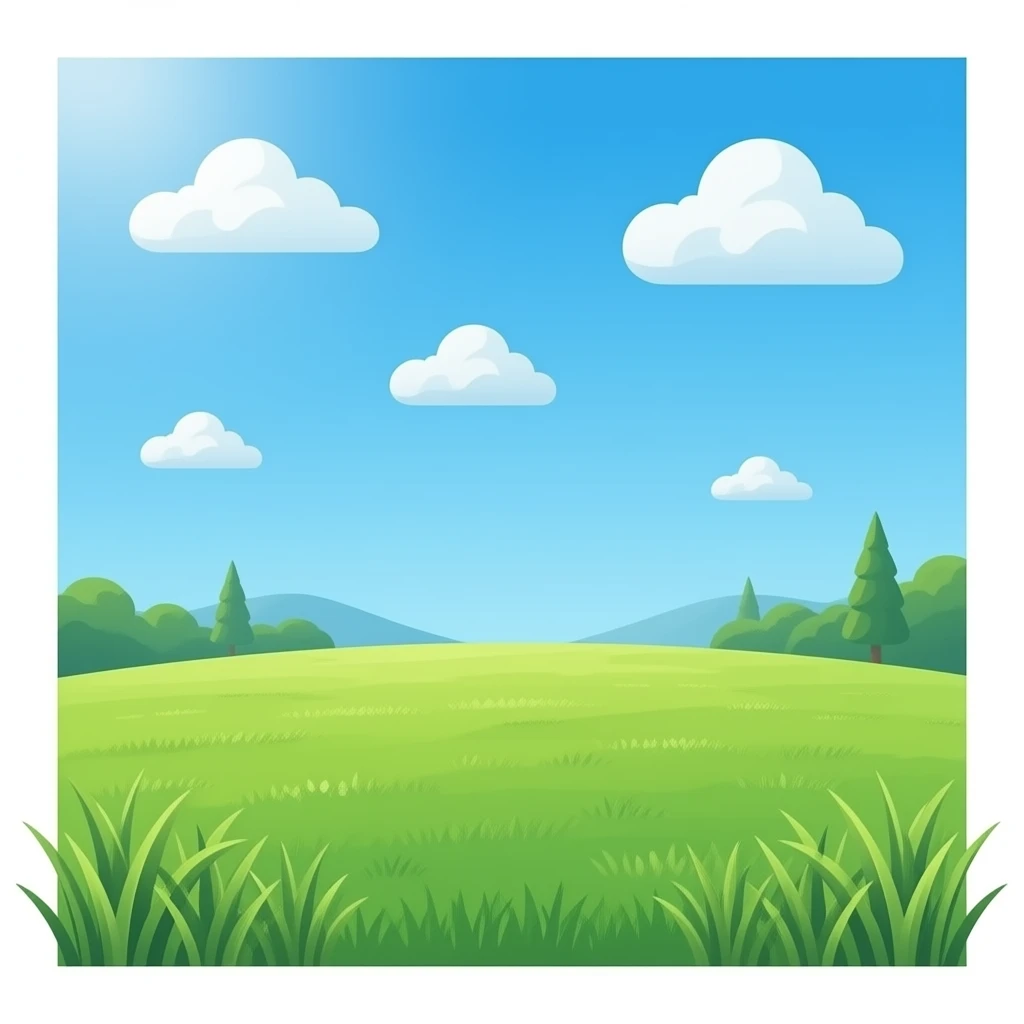 Flat grass field on blue sky and clouds, simple emoji