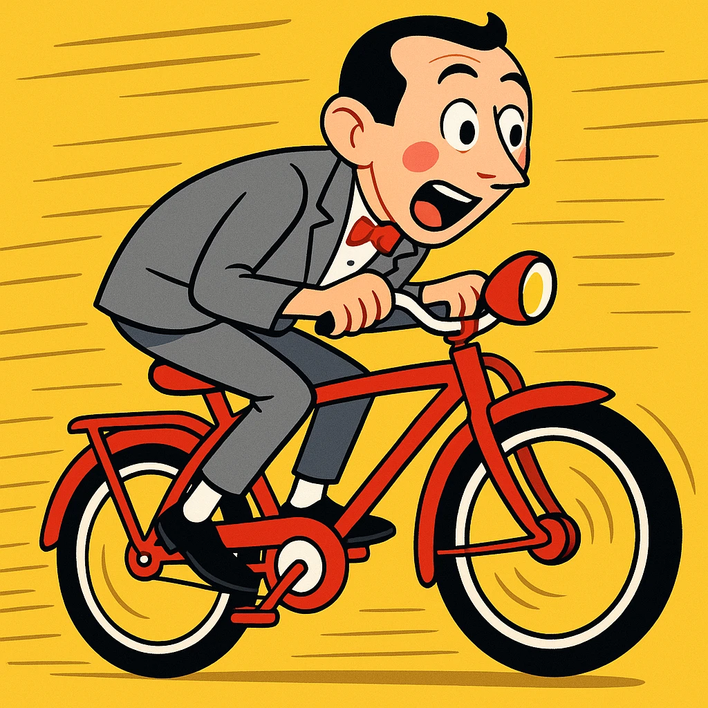 Pee-wee Herman on a red bicycle, pedaling fast, cartoon motion lines, vibrant toon style emoji