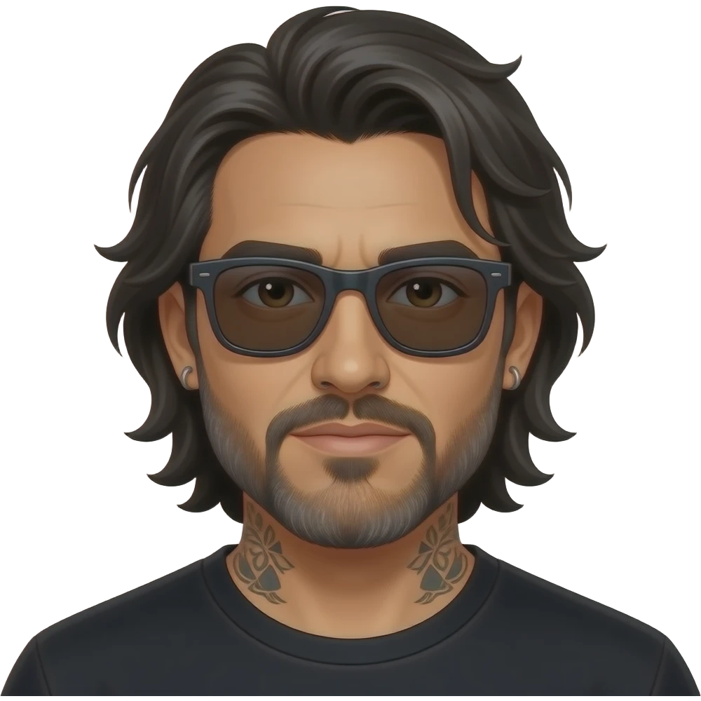 The handsome manly Latino podcast host with medium length hair, a long  slightly graying beard and tattoos with his ears pierced and a nose ring on the right side, dark brown eyes, wearing black, dark sunglasses, feeling broken emoji