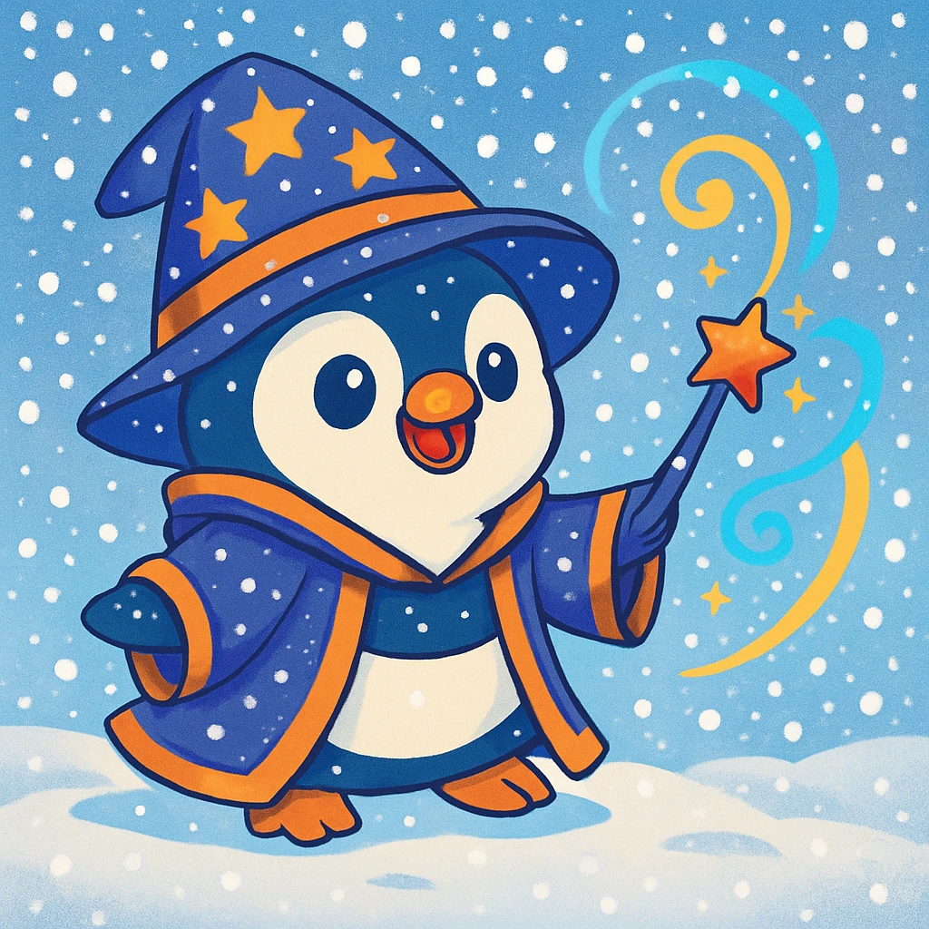 Add falling snowflakes to the scene with the cute penguin wizard and snowy background, keeping the colorful cartoon style. emoji
