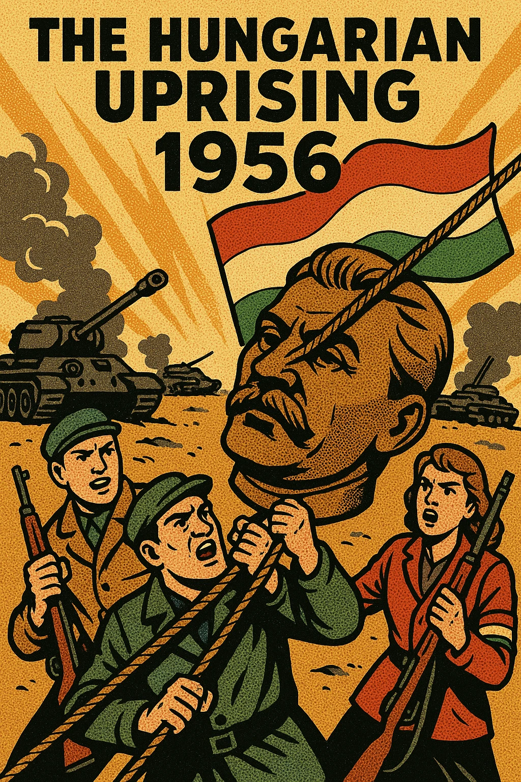A picture of The Hungarian Uprising 1956 with the head of stalin's statue being pulled down by armed protestors with burnt out Russian tanks in the background emoji