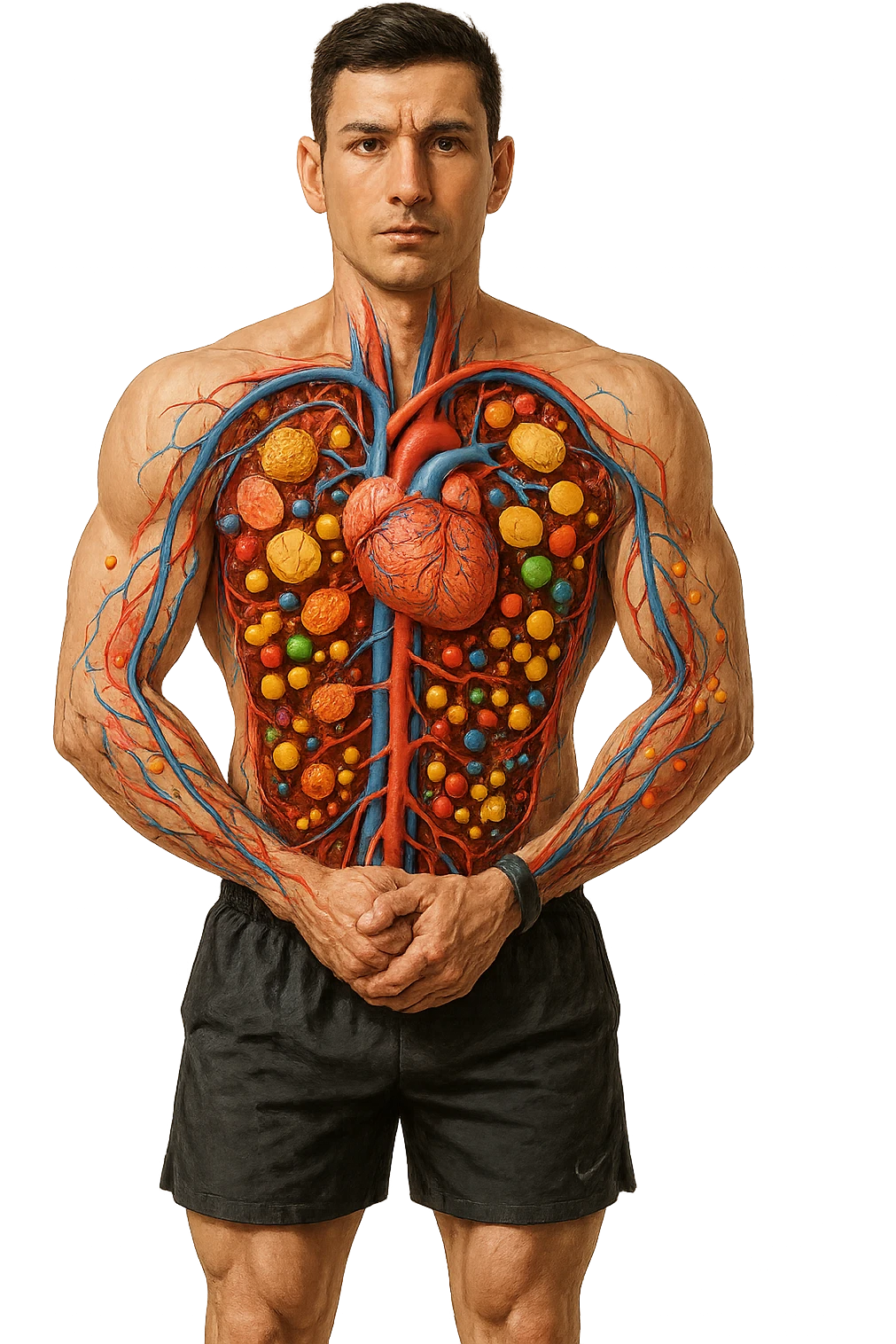 immagine realistica prendendo spunto da questa dei Nutrienti , vitamine, carboidrati ecc.. veicolati nel corpo senza scritte emoji