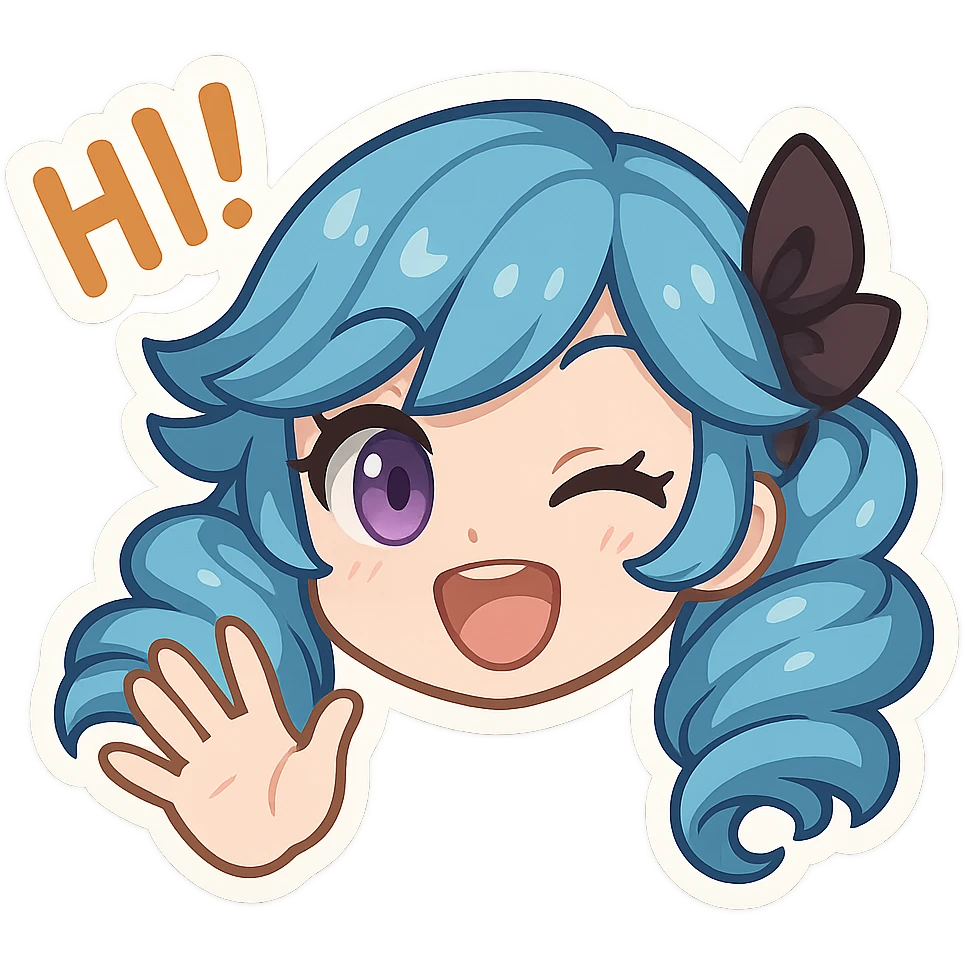 Gwen from League of Legends, chibi emote style, only head visible, right eye purple, energetic hi expression, waving hand, eyes open, cute and expressive emoji