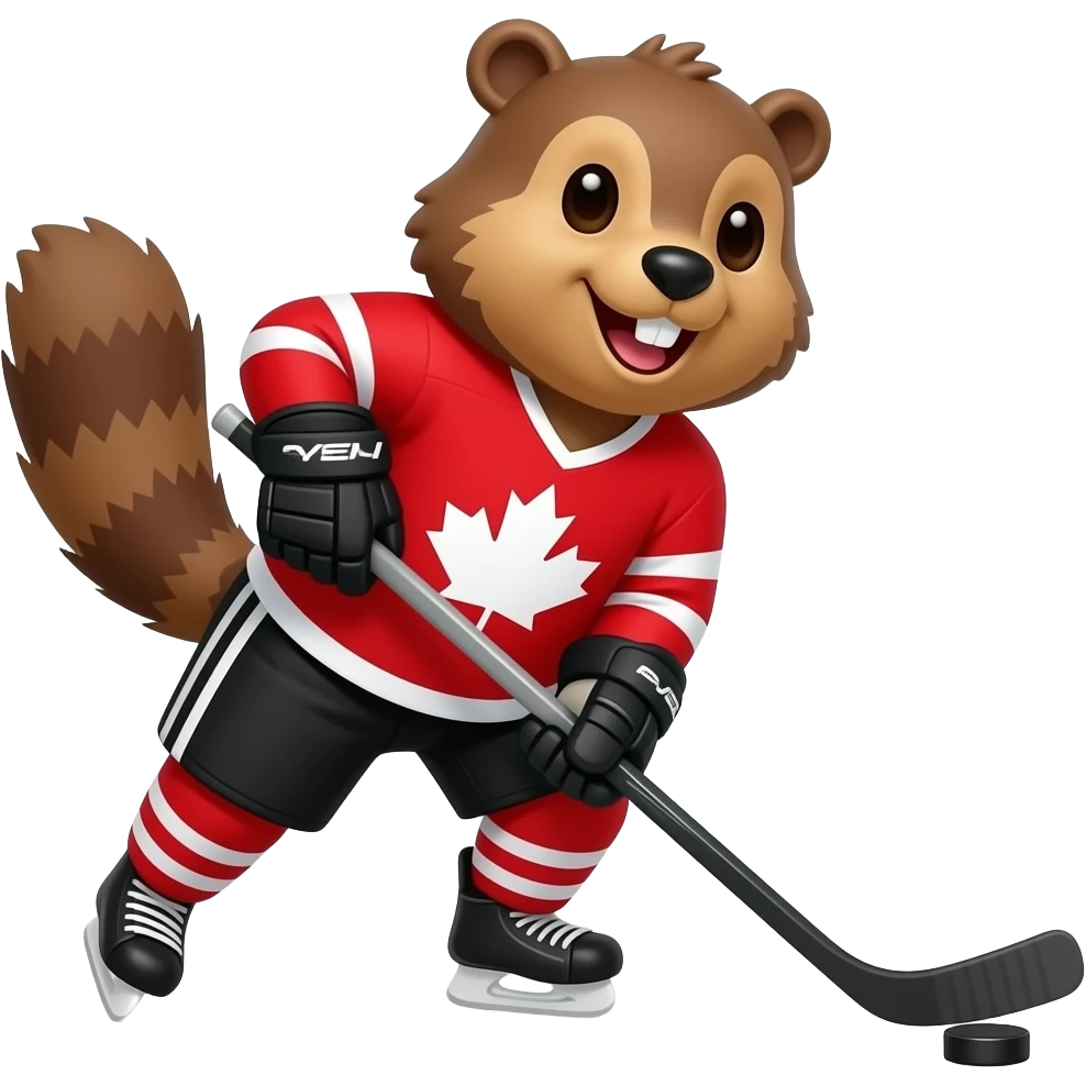 beaver playing hockey with a red canada jersey on make sure his tail is showing emoji
