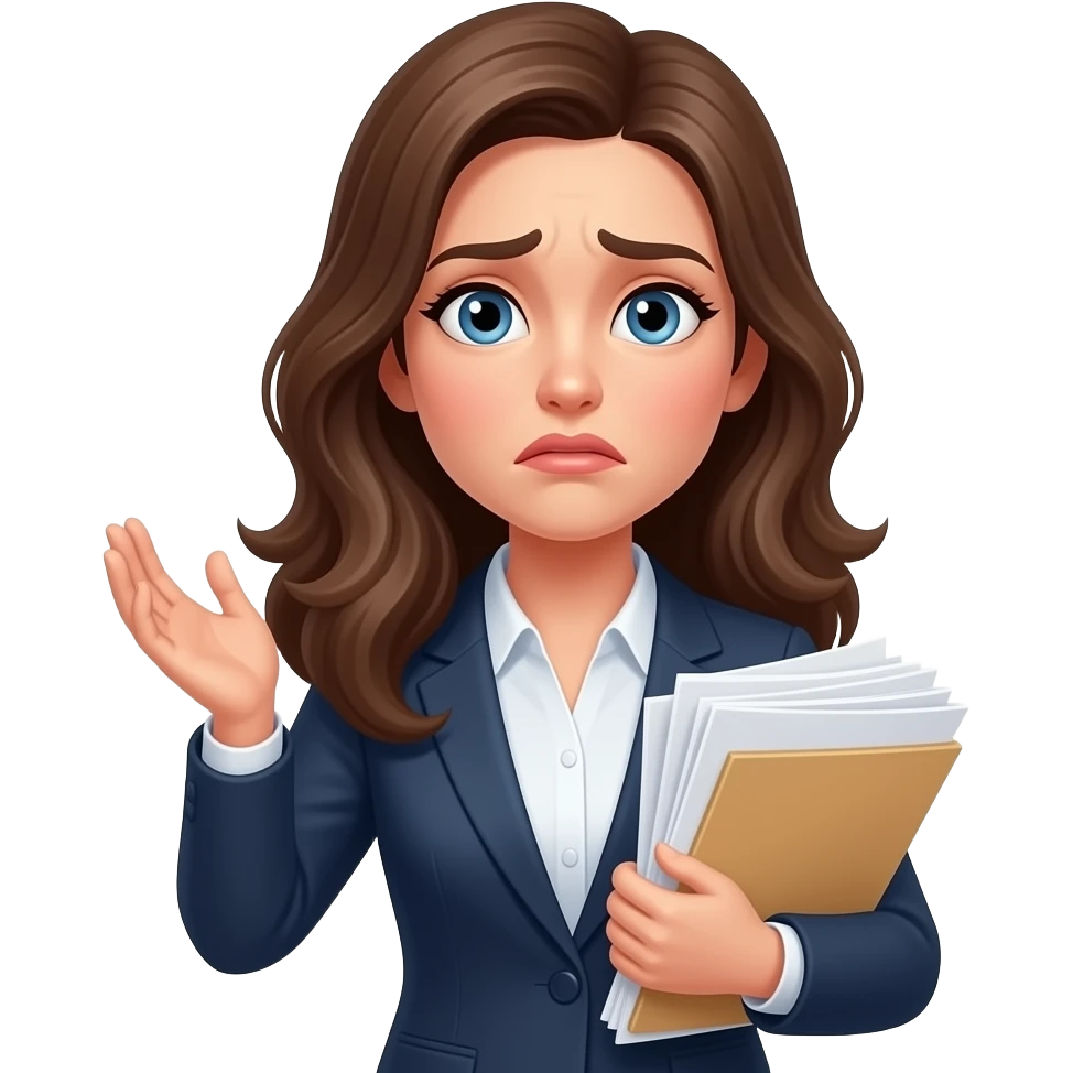 A woman with brown hair blue eyes feeling confused and has a lot of tasks to do emoji