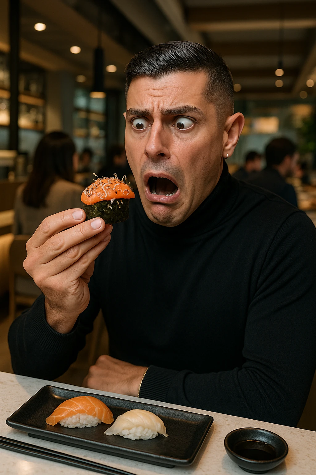 a man in casual clothes is about to eat a salmon gunkan at a sushi restaurant. As he brings it closer, he spots tiny parasites and bacteria wriggling on the fish. His face contorts in a dramatic expression of shock and alarm, with his hand frozen mid-air. The setting is a modern sushi bar, with other diners in the background unaware of the situation. emoji