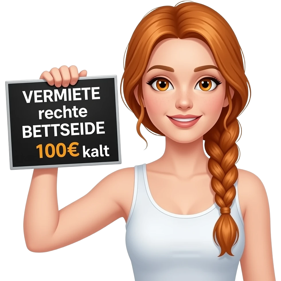 sexy girl with long ginger braids and ginger eyes wearing a white tanktop is holding a black sign with VERMIETE rechte BETTSEITE 100€ kalt written on it emoji