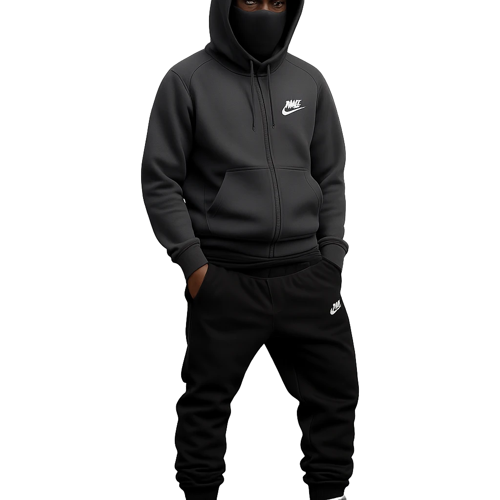 Make the ski mask soft and without texture. Pose the Black individual standing like a 'YN', wearing black Nike tech pants sagging and Air Jordan 4 Retro White Thunders. Keep the hood up and style realistic. Remove the background. The style should be realistic and detailed. emoji