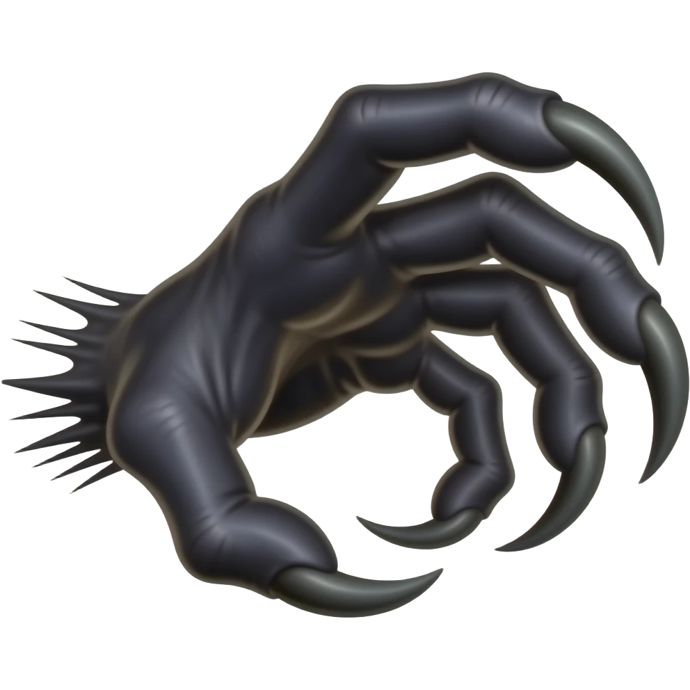 Long dark Demonic hand with sharp claws. Make the hand reach out to attack and slash towards the right of the image violently. Shift the perspective to a side profile to show the curvature and length of the claws more clearly. emoji