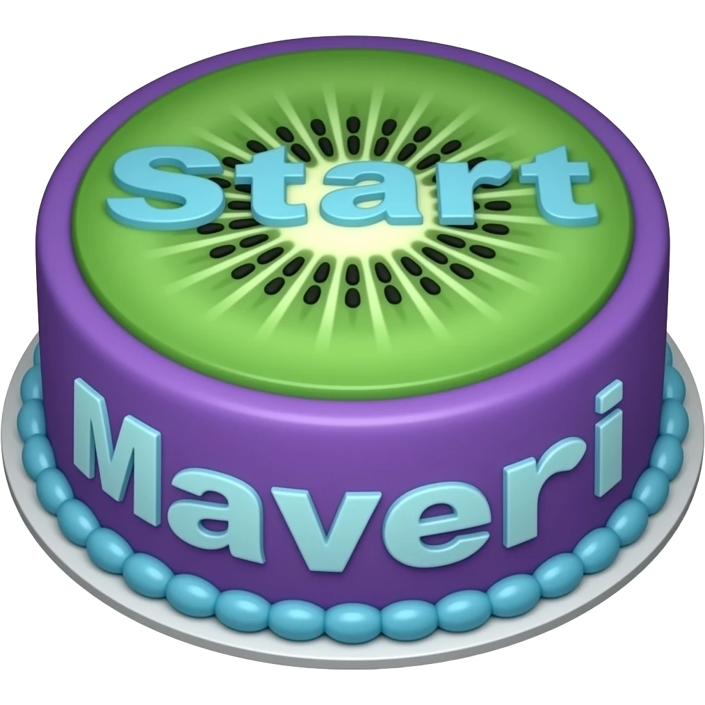 A purple and blue descendants Disney kiwi cake with start letters saying maveri emoji