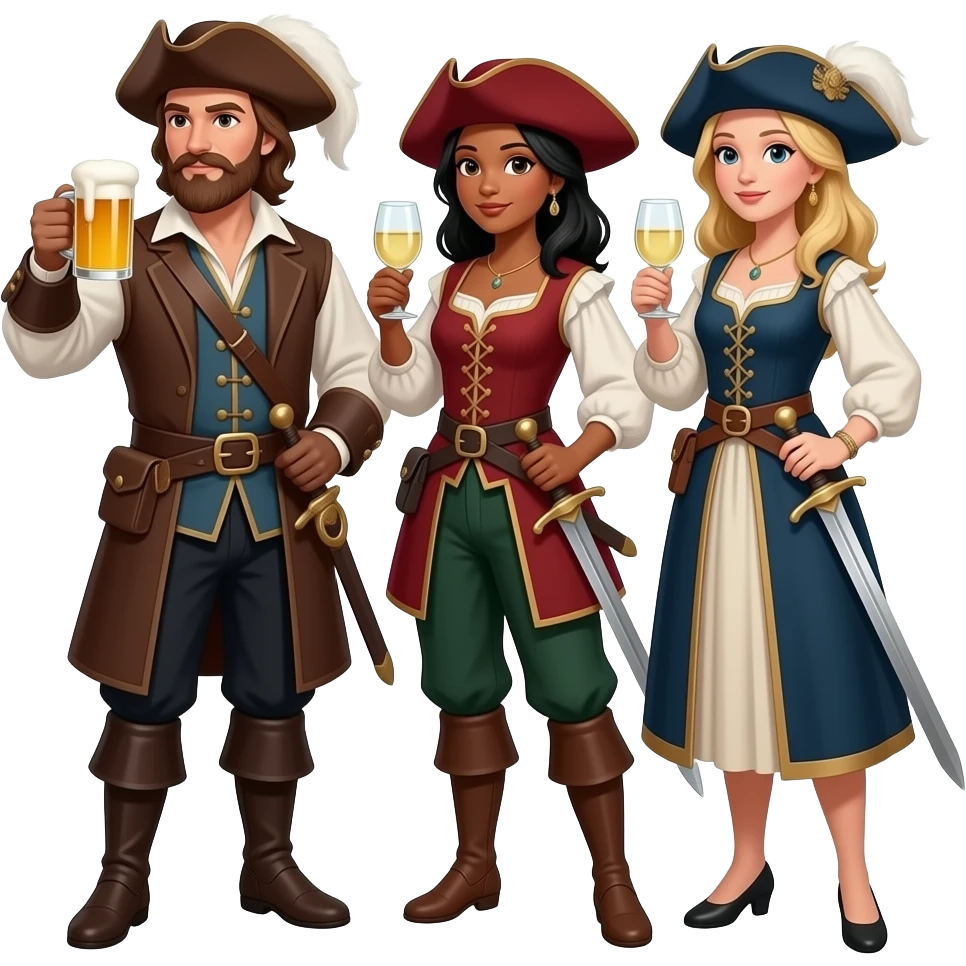 Three musketeers with swords and hats. One guy with brown hair, beard and brown eyes, one girl with black hair and tanned skin and one girl with blond hair. You have to see them in full, the guy is drinking beer and the girls white wine. emoji