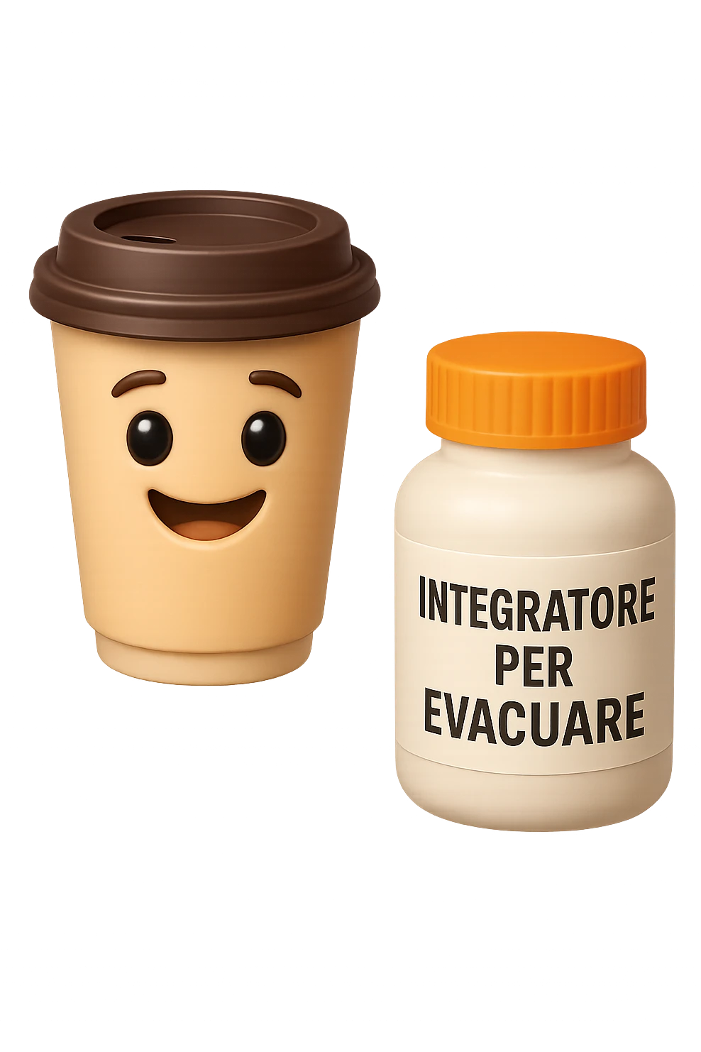EMOJI STILE IPHONE 3D DI un caffè e di una boccetta di integratore con la scritta "INTEGRATORE PER EVACUARE" SULL'ETICHETTA CHE FLUTTUANO IN ARIA, iperrealistico 4k emoji