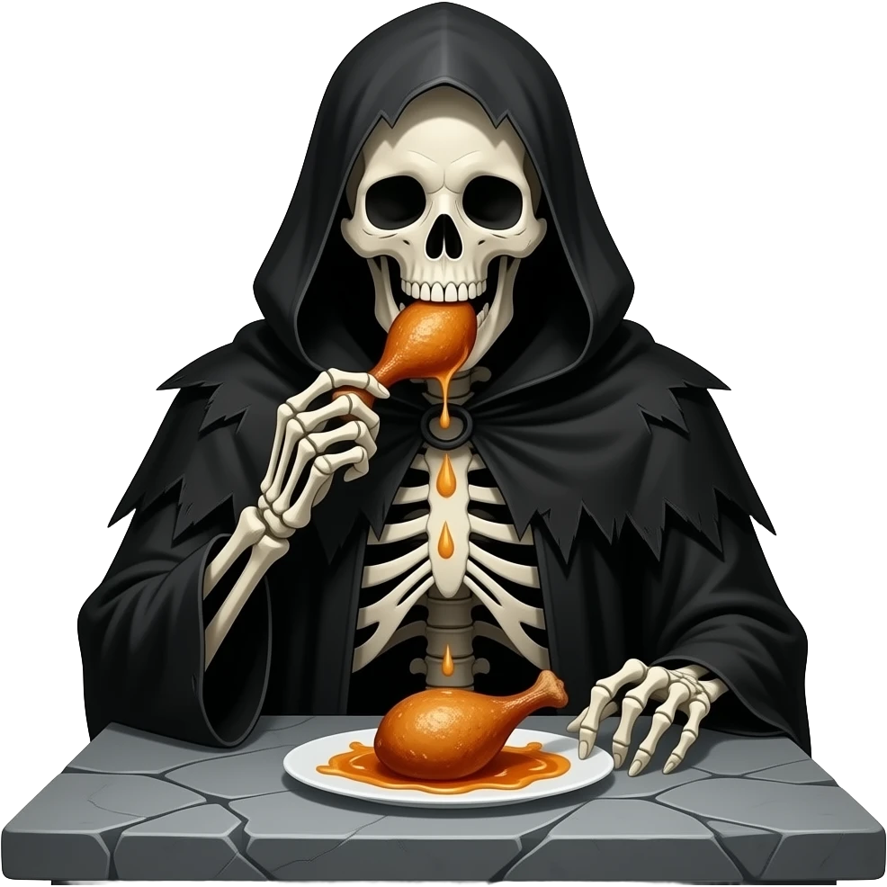 Gothic skeleton eating. Chicken drumstick emoji