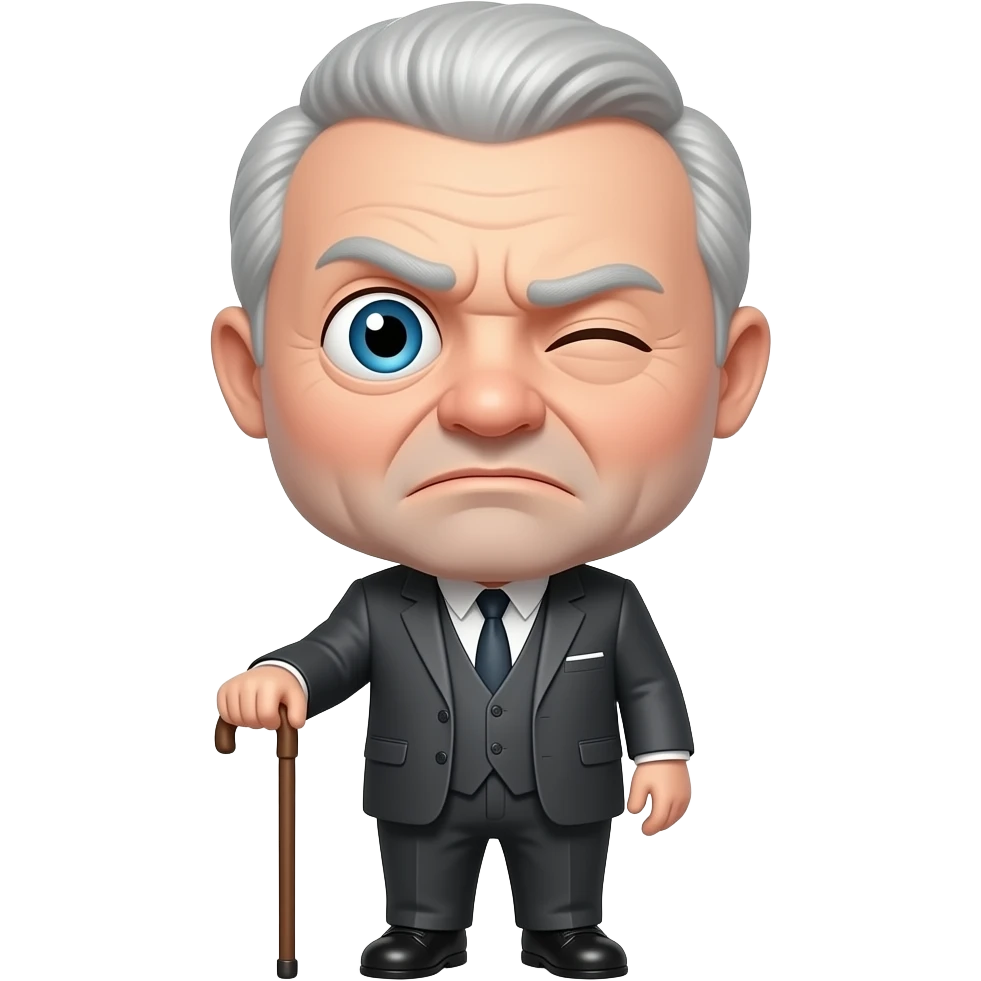 Start with t let's hearop smaller more of a suspicious look on his face head bigger feethat and cane frowning and blinking his eye emoji