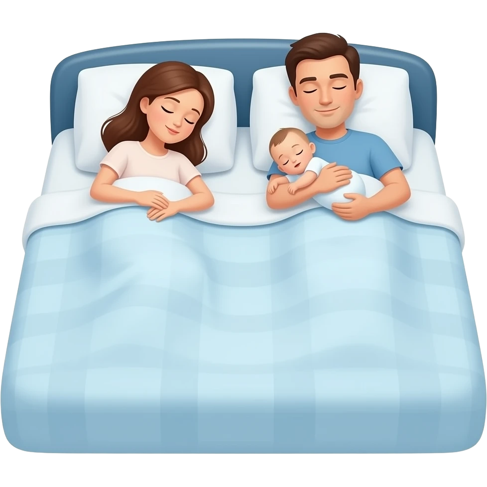 mujer durmiendo en la cama grande, mientras hombre a upa con un bebe emoji