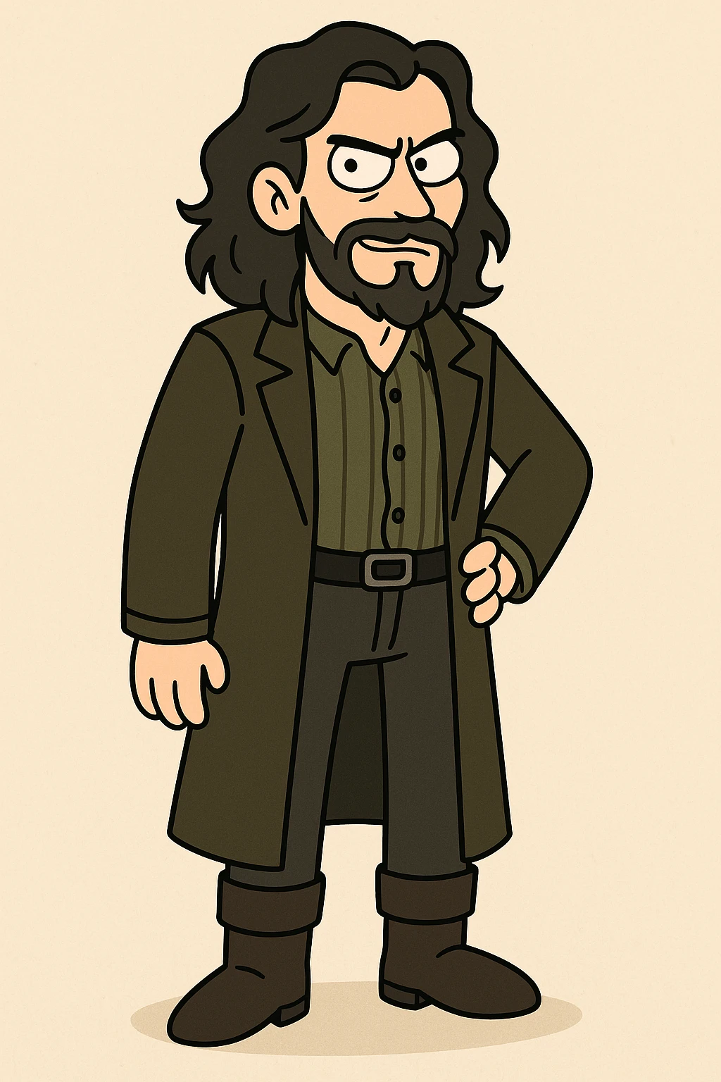 full body illustration of Sirius Black in cute, cartoon, simplified style with bold black lines and soft colors, long dark hair, beard, rebellious expression, wearing dark overcoat and boots emoji