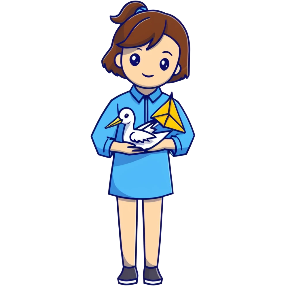 Happy Ukrainian young girl with brown hair in a white embroidered shirt holds an origami yellow and blue crane emoji