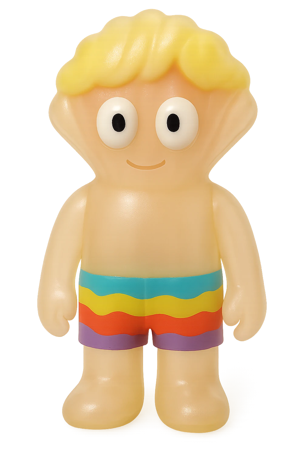 贝壳, retro 90's toy style, very transparent and slightly see-through, natural tan skin, blonde hair, colorful shorts, large white eyeballs with small black pupils, soft plastic texture, soft reflections, soft and squishy, some cloudiness, not shiny, highly detailed, appealing, no tag, no background emoji