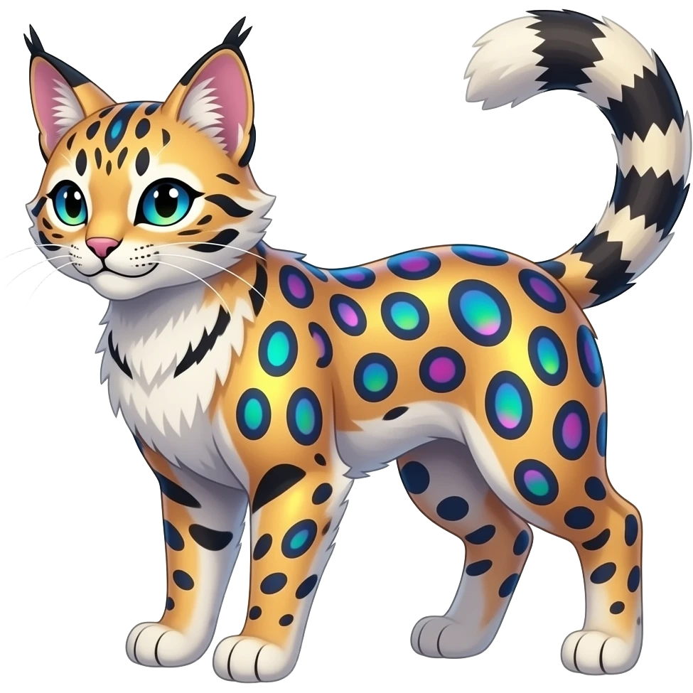 Colorful Iridescent Albino Melanistic Bobcat-Caracal-Leopard-Genet-Pokémon-Digimon-Fakémon-fusion-hybrid-creature emoji