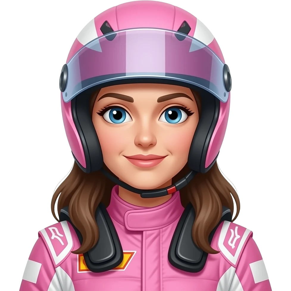 create woman using f1 pink costume and f1 helm, the woman have long hair inside helm, the helm closed the face emoji