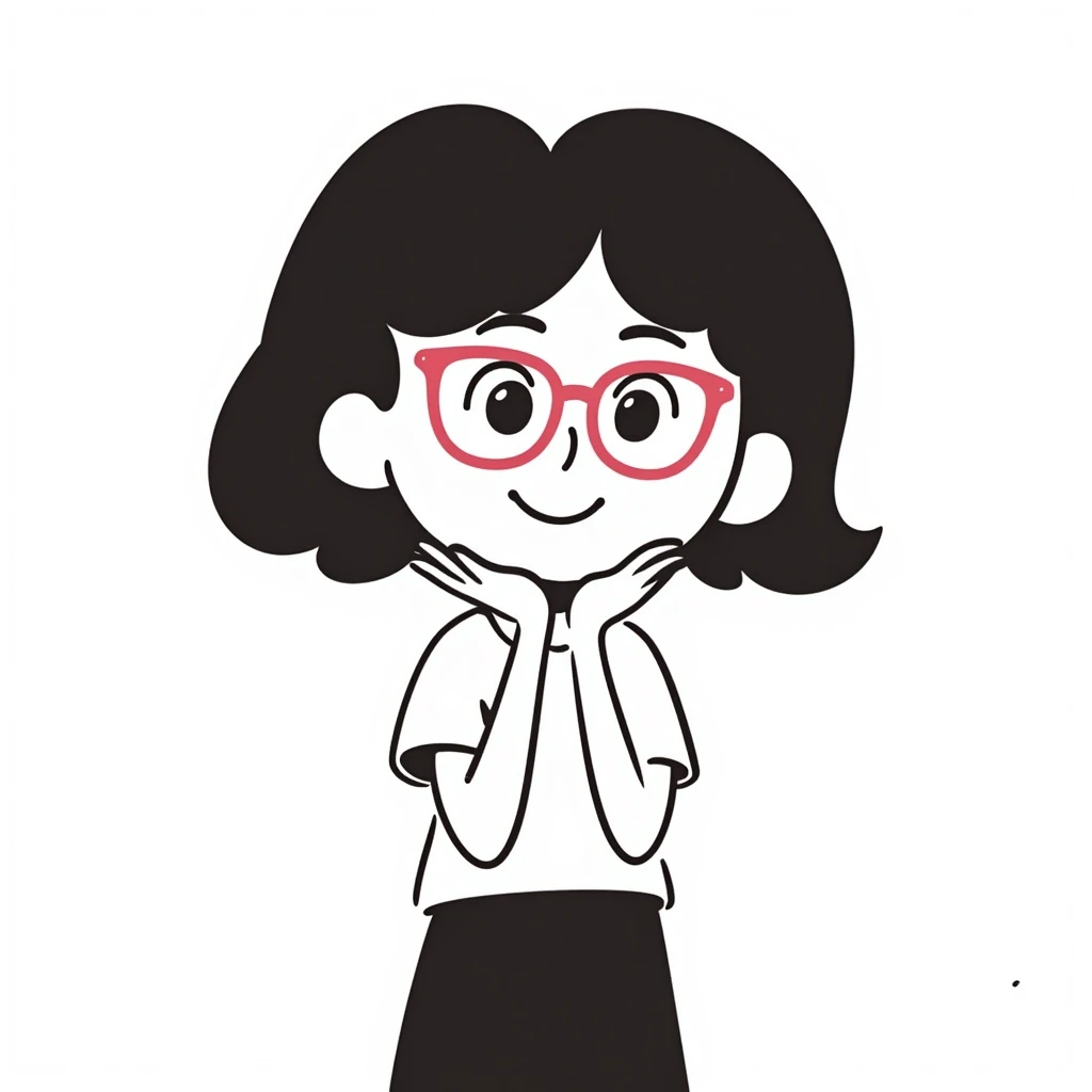 girl with medium brown hair and brown eyes, wearing pink glasses, hand-drawn doodle style emoji