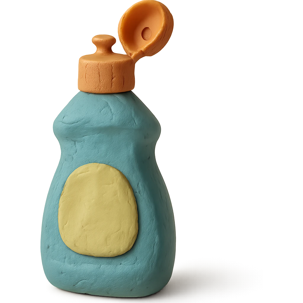 close-up of dish soap bottle in claymation style with cap open, soft lighting, pastel colors emoji